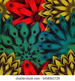 Seamless floral background. The gradient can be off. Tracery handmade nature ethnic fabric backdrop pattern with flowers. Textile design texture. Decorative color art. Vector