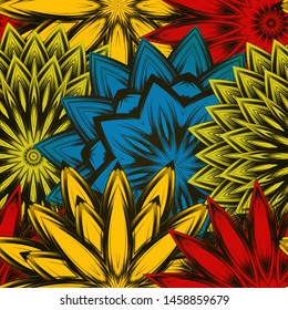Seamless floral background. The gradient can be off. Tracery handmade nature ethnic fabric backdrop pattern with flowers. Textile design texture. Decorative color art. Vector