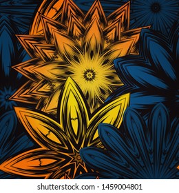 Seamless floral background. The gradient can be off. Tracery handmade nature ethnic fabric backdrop pattern with flowers. Textile design texture. Decorative color art. Vector
