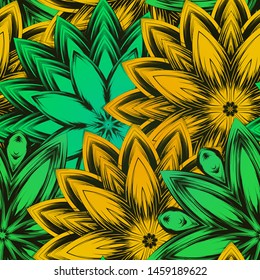 Seamless floral background. The gradient can be off. Tracery handmade nature ethnic fabric backdrop pattern with flowers. Textile design texture. Decorative color art. Vector