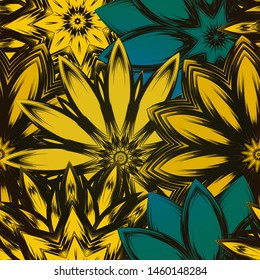 Seamless floral background. The gradient can be off. Tracery handmade nature ethnic fabric backdrop pattern with flowers. Textile design texture. Decorative color art. Vector