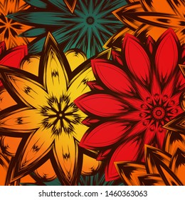 Seamless floral background. The gradient can be off. Tracery handmade nature ethnic fabric backdrop pattern with flowers. Textile design texture. Decorative color art. Vector