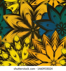 Seamless floral background. The gradient can be off. Tracery handmade nature ethnic fabric backdrop pattern with flowers. Textile design texture. Decorative color art. Vector