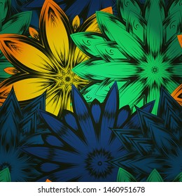 Seamless floral background. The gradient can be off. Tracery handmade nature ethnic fabric backdrop pattern with flowers. Textile design texture. Decorative color art. Vector