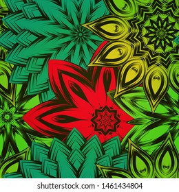 Seamless floral background. The gradient can be off. Tracery handmade nature ethnic fabric backdrop pattern with flowers. Textile design texture. Decorative color art. Vector