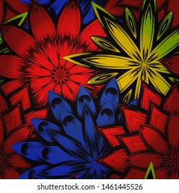 Seamless floral background. The gradient can be off. Tracery handmade nature ethnic fabric backdrop pattern with flowers. Textile design texture. Decorative color art. Vector