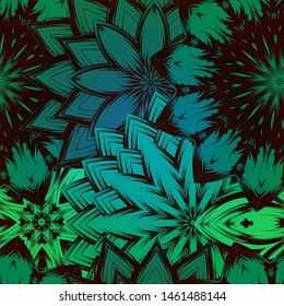 Seamless floral background. The gradient can be off. Tracery handmade nature ethnic fabric backdrop pattern with flowers. Textile design texture. Decorative color art. Vector