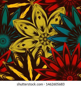 Seamless floral background. The gradient can be off. Tracery handmade nature ethnic fabric backdrop pattern with flowers. Textile design texture. Decorative color art. Vector