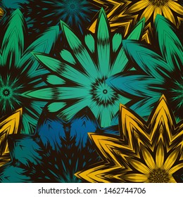 Seamless floral background. The gradient can be off. Tracery handmade nature ethnic fabric backdrop pattern with flowers. Textile design texture. Decorative color art. Vector