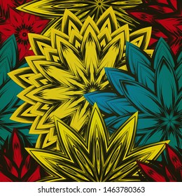 Seamless floral background. The gradient can be off. Tracery handmade nature ethnic fabric backdrop pattern with flowers. Textile design texture. Decorative color art. Vector