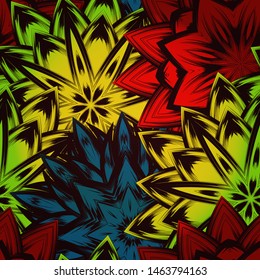Seamless floral background. The gradient can be off. Tracery handmade nature ethnic fabric backdrop pattern with flowers. Textile design texture. Decorative color art. Vector
