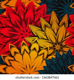 Seamless floral background. The gradient can be off. Tracery handmade nature ethnic fabric backdrop pattern with flowers. Textile design texture. Decorative color art. Vector