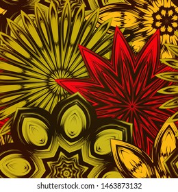 Seamless floral background. The gradient can be off. Tracery handmade nature ethnic fabric backdrop pattern with flowers. Textile design texture. Decorative color art. Vector