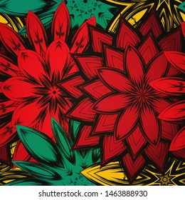 Seamless floral background. The gradient can be off. Tracery handmade nature ethnic fabric backdrop pattern with flowers. Textile design texture. Decorative color art. Vector