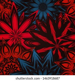 Seamless floral background. The gradient can be off. Tracery handmade nature ethnic fabric backdrop pattern with flowers. Textile design texture. Decorative color art. Vector