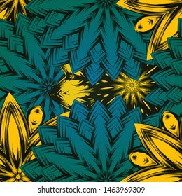 Seamless floral background. The gradient can be off. Tracery handmade nature ethnic fabric backdrop pattern with flowers. Textile design texture. Decorative color art. Vector