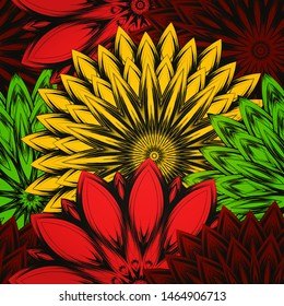 Seamless floral background. The gradient can be off. Tracery handmade nature ethnic fabric backdrop pattern with flowers. Textile design texture. Decorative color art. Vector