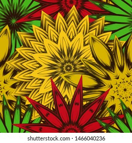 Seamless floral background. The gradient can be off. Tracery handmade nature ethnic fabric backdrop pattern with flowers. Textile design texture. Decorative color art. Vector