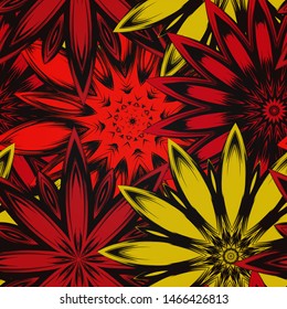 Seamless floral background. The gradient can be off. Tracery handmade nature ethnic fabric backdrop pattern with flowers. Textile design texture. Decorative color art. Vector