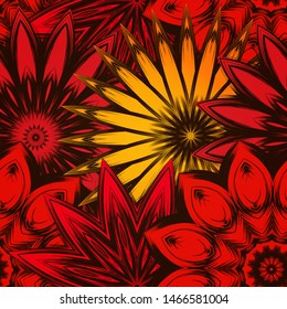 Seamless floral background. The gradient can be off. Tracery handmade nature ethnic fabric backdrop pattern with flowers. Textile design texture. Decorative color art. Vector