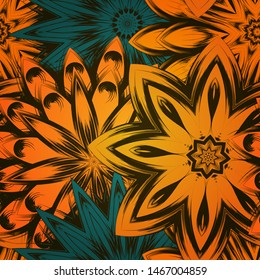 Seamless floral background. The gradient can be off. Tracery handmade nature ethnic fabric backdrop pattern with flowers. Textile design texture. Decorative color art. Vector