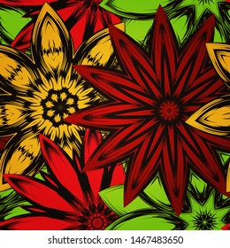 Seamless floral background. The gradient can be off. Tracery handmade nature ethnic fabric backdrop pattern with flowers. Textile design texture. Decorative color art. Vector