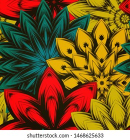 Seamless floral background. The gradient can be off. Tracery handmade nature ethnic fabric backdrop pattern with flowers. Textile design texture. Decorative color art. Vector