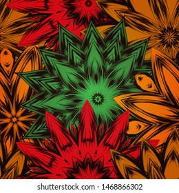 Seamless floral background. The gradient can be off. Tracery handmade nature ethnic fabric backdrop pattern with flowers. Textile design texture. Decorative color art. Vector