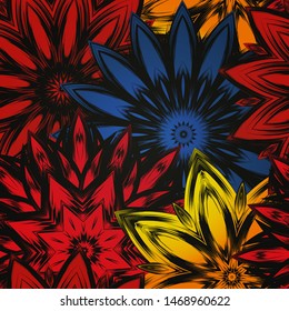 Seamless floral background. The gradient can be off. Tracery handmade nature ethnic fabric backdrop pattern with flowers. Textile design texture. Decorative color art. Vector