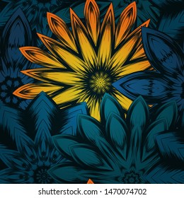 Seamless floral background. The gradient can be off. Tracery handmade nature ethnic fabric backdrop pattern with flowers. Textile design texture. Decorative color art. Vector