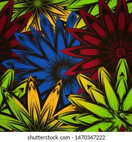 Seamless floral background. The gradient can be off. Tracery handmade nature ethnic fabric backdrop pattern with flowers. Textile design texture. Decorative color art. Vector