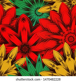 Seamless floral background. The gradient can be off. Tracery handmade nature ethnic fabric backdrop pattern with flowers. Textile design texture. Decorative color art. Vector