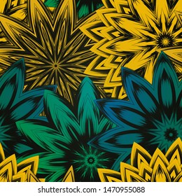 Seamless floral background. The gradient can be off. Tracery handmade nature ethnic fabric backdrop pattern with flowers. Textile design texture. Decorative color art. Vector
