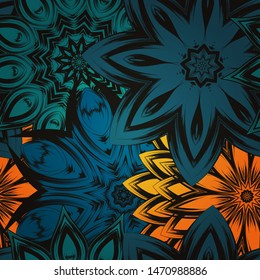 Seamless floral background. The gradient can be off. Tracery handmade nature ethnic fabric backdrop pattern with flowers. Textile design texture. Decorative color art. Vector