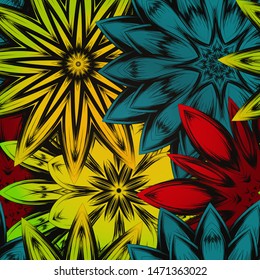 Seamless floral background. The gradient can be off. Tracery handmade nature ethnic fabric backdrop pattern with flowers. Textile design texture. Decorative color art. Vector