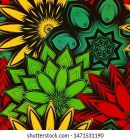 Seamless floral background. The gradient can be off. Tracery handmade nature ethnic fabric backdrop pattern with flowers. Textile design texture. Decorative color art. Vector