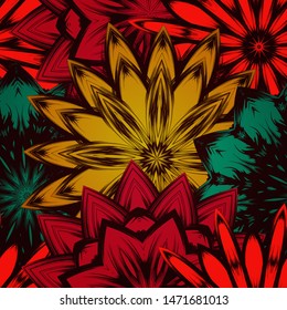 Seamless floral background. The gradient can be off. Tracery handmade nature ethnic fabric backdrop pattern with flowers. Textile design texture. Decorative color art. Vector