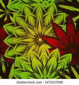 Seamless floral background. The gradient can be off. Tracery handmade nature ethnic fabric backdrop pattern with flowers. Textile design texture. Decorative color art. Vector