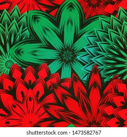 Seamless floral background. The gradient can be off. Tracery handmade nature ethnic fabric backdrop pattern with flowers. Textile design texture. Decorative color art. Vector