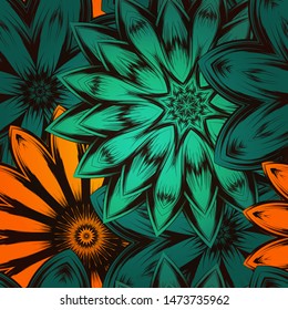 Seamless floral background. The gradient can be off. Tracery handmade nature ethnic fabric backdrop pattern with flowers. Textile design texture. Decorative color art. Vector