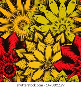 Seamless floral background. The gradient can be off. Tracery handmade nature ethnic fabric backdrop pattern with flowers. Textile design texture. Decorative color art. Vector