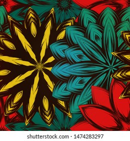 Seamless floral background. The gradient can be off. Tracery handmade nature ethnic fabric backdrop pattern with flowers. Textile design texture. Decorative color art. Vector