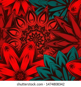 Seamless floral background. The gradient can be off. Tracery handmade nature ethnic fabric backdrop pattern with flowers. Textile design texture. Decorative color art. Vector