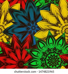 Seamless floral background. The gradient can be off. Tracery handmade nature ethnic fabric backdrop pattern with flowers. Textile design texture. Decorative color art. Vector