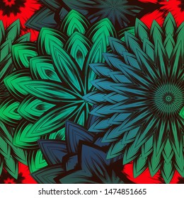 Seamless floral background. The gradient can be off. Tracery handmade nature ethnic fabric backdrop pattern with flowers. Textile design texture. Decorative color art. Vector