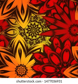 Seamless floral background. The gradient can be off. Tracery handmade nature ethnic fabric backdrop pattern with flowers. Textile design texture. Decorative color art. Vector