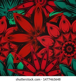 Seamless floral background. The gradient can be off. Tracery handmade nature ethnic fabric backdrop pattern with flowers. Textile design texture. Decorative color art. Vector