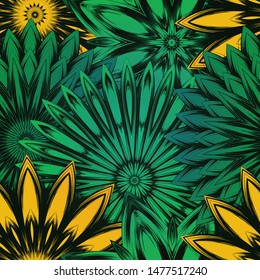 Seamless floral background. The gradient can be off. Tracery handmade nature ethnic fabric backdrop pattern with flowers. Textile design texture. Decorative color art. Vector