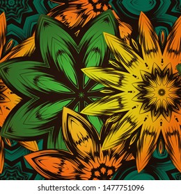 Seamless floral background. The gradient can be off. Tracery handmade nature ethnic fabric backdrop pattern with flowers. Textile design texture. Decorative color art. Vector