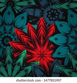 Seamless floral background. The gradient can be off. Tracery handmade nature ethnic fabric backdrop pattern with flowers. Textile design texture. Decorative color art. Vector